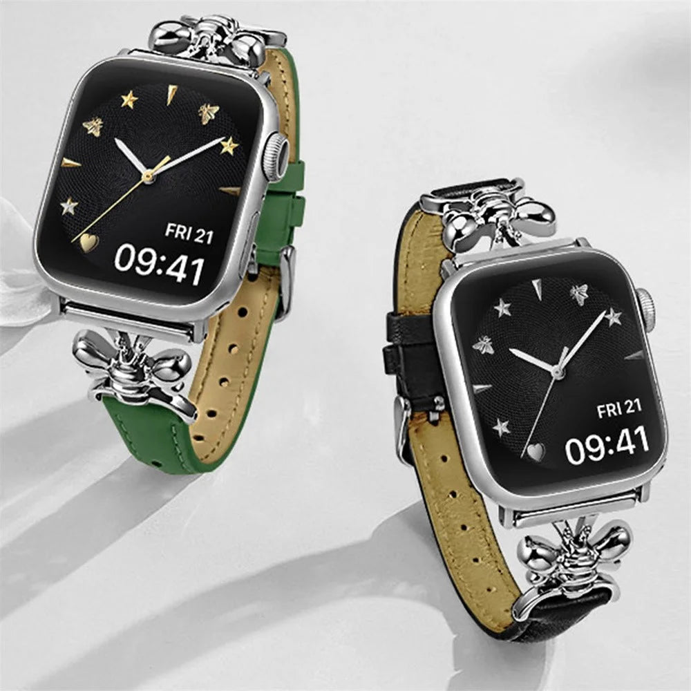 Watch Band for Apple Watch Series 11 10 42mm / 9 8 7 41mm / SE3 SE2 SE 6 5 4 40mm / 3 2 1 38mm Bee Charm Leather Strap - Black - 5
