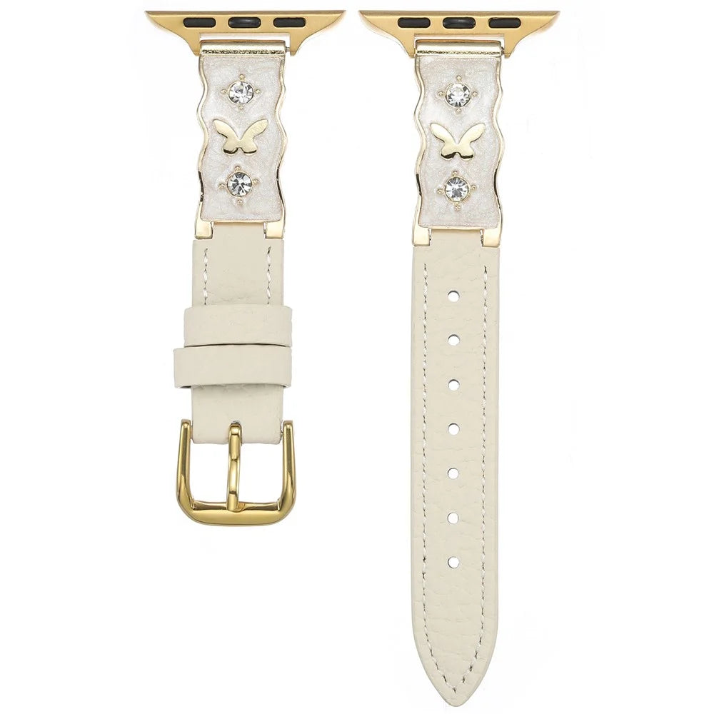 Epoxy Resin Strap for Apple Watch Series 11 10 42mm / 9 8 7 41mm / SE3 SE2 SE 6 5 4 40mm / 3 2 1 38mm Lychee Grain Genuine Cow Leather Wristband - Beige / Gold Buckle - 1