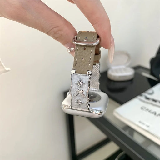 Epoxy Resin Strap for Apple Watch Series 11 10 42mm / 9 8 7 41mm / SE3 SE2 SE 6 5 4 40mm / 3 2 1 38mm Lychee Grain Genuine Cow Leather Wristband - Beige / Gold Buckle - 2