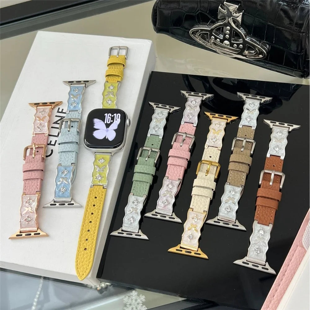 Epoxy Resin Strap for Apple Watch Series 11 10 42mm / 9 8 7 41mm / SE3 SE2 SE 6 5 4 40mm / 3 2 1 38mm Lychee Grain Genuine Cow Leather Wristband - Beige / Gold Buckle - 4