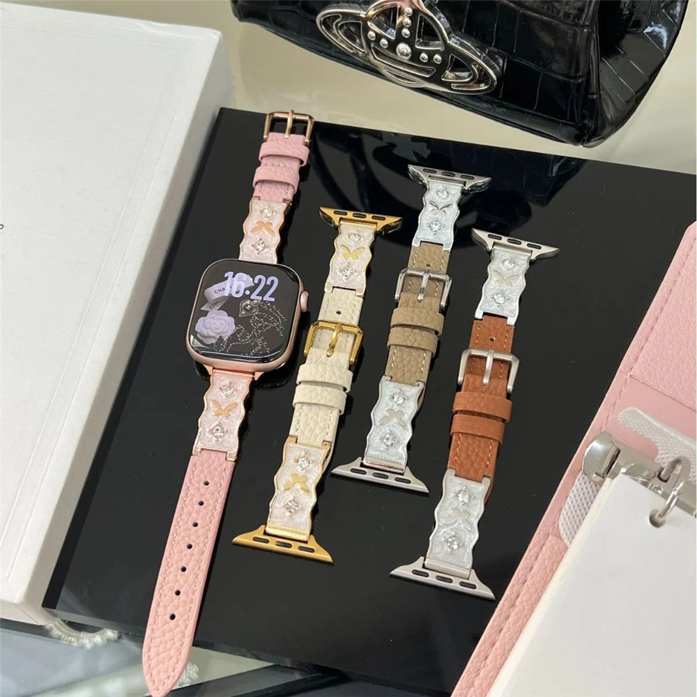 Epoxy Resin Strap for Apple Watch Series 11 10 42mm / 9 8 7 41mm / SE3 SE2 SE 6 5 4 40mm / 3 2 1 38mm Lychee Grain Genuine Cow Leather Wristband - Beige / Gold Buckle - 5
