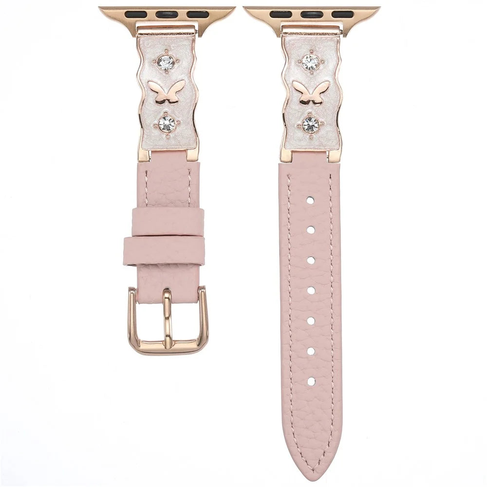 Epoxy Resin Strap for Apple Watch Ultra 3 2 1 49mm / Series 11 10 46mm / 9 8 7 45mm / SE3 SE2 SE 6 5 4 44mm / 3 2 1 42mm Lychee Grain Genuine Cow Leather Wristband - Pink / Rose Gold Buckle - 1