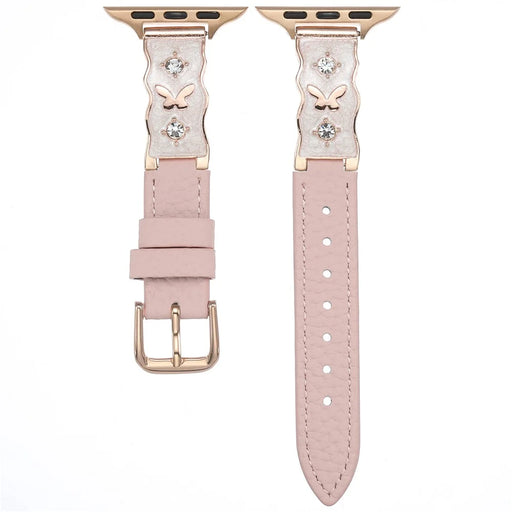 Epoxy Resin Strap for Apple Watch Ultra 3 2 1 49mm / Series 11 10 46mm / 9 8 7 45mm / SE3 SE2 SE 6 5 4 44mm / 3 2 1 42mm Lychee Grain Genuine Cow Leather Wristband - Pink / Rose Gold Buckle - 1