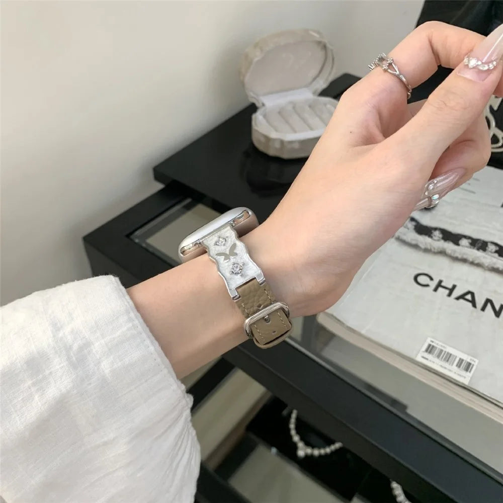 Epoxy Resin Strap for Apple Watch Ultra 3 2 1 49mm / Series 11 10 46mm / 9 8 7 45mm / SE3 SE2 SE 6 5 4 44mm / 3 2 1 42mm Lychee Grain Genuine Cow Leather Wristband - Pink / Rose Gold Buckle - 3