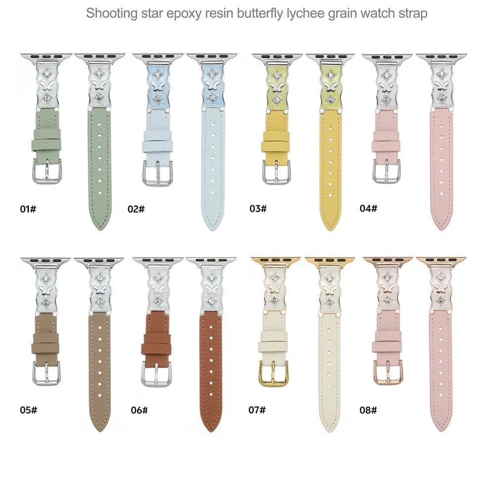Epoxy Resin Strap for Apple Watch Ultra 3 2 1 49mm / Series 11 10 46mm / 9 8 7 45mm / SE3 SE2 SE 6 5 4 44mm / 3 2 1 42mm Lychee Grain Genuine Cow Leather Wristband - Pink / Rose Gold Buckle - 6