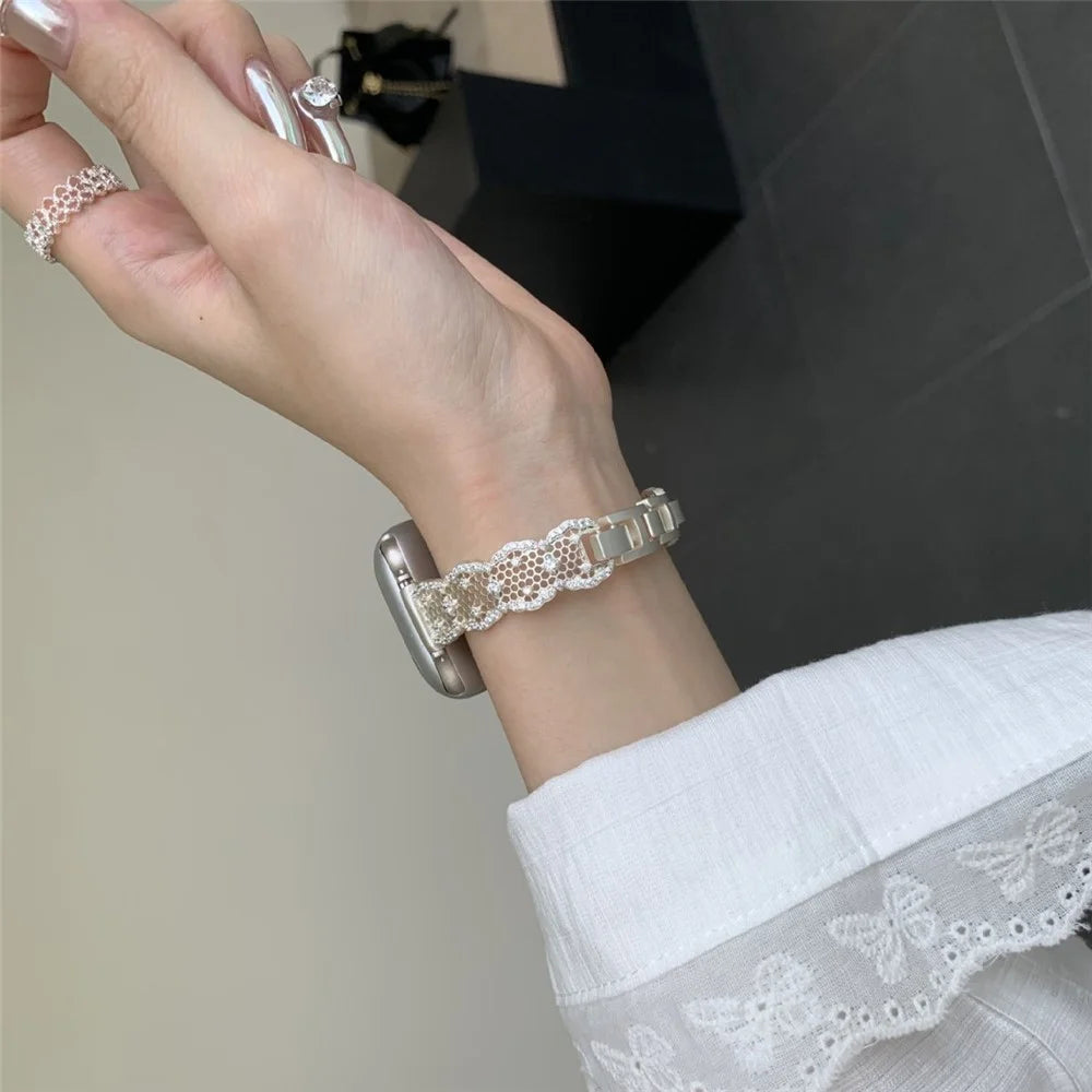 Copper Strap for Apple Watch Ultra 3 2 1 49mm / Series 11 10 46mm / 9 8 7 45mm / SE3 SE2 SE 6 5 4 44mm / 3 2 1 42mm Honeycomb Net Zircon Decor Metal Band - Silver - 3