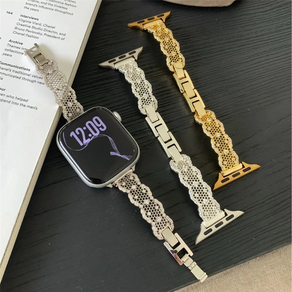 Copper Strap for Apple Watch Ultra 3 2 1 49mm / Series 11 10 46mm / 9 8 7 45mm / SE3 SE2 SE 6 5 4 44mm / 3 2 1 42mm Honeycomb Net Zircon Decor Metal Band - Silver - 6