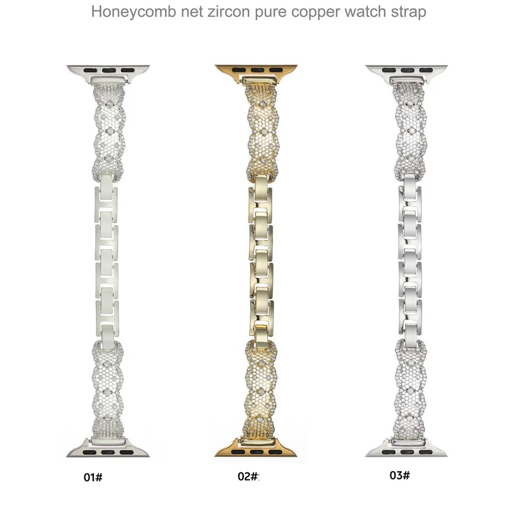 Copper Strap for Apple Watch Ultra 3 2 1 49mm / Series 11 10 46mm / 9 8 7 45mm / SE3 SE2 SE 6 5 4 44mm / 3 2 1 42mm Honeycomb Net Zircon Decor Metal Band - Silver - 7