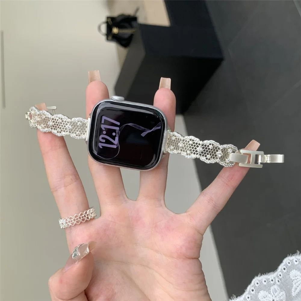 Copper Strap for Apple Watch Series 11 10 42mm / 9 8 7 41mm / SE3 SE2 SE 6 5 4 40mm / 3 2 1 38mm Honeycomb Net Zircon Decor Metal Band - Gold - 2