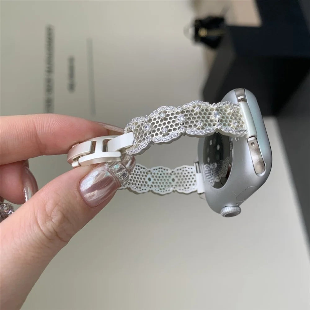 Copper Strap for Apple Watch Series 11 10 42mm / 9 8 7 41mm / SE3 SE2 SE 6 5 4 40mm / 3 2 1 38mm Honeycomb Net Zircon Decor Metal Band - Gold - 4