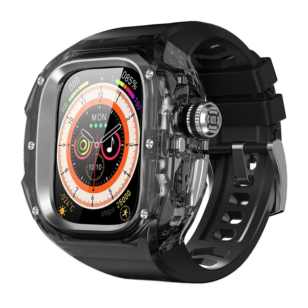 Silicone Strap for Apple Watch Ultra 3 2 1 49mm Sports Watch Band with One-touch Open PC Watch Case - Transparent Black+Steel+Black - 1