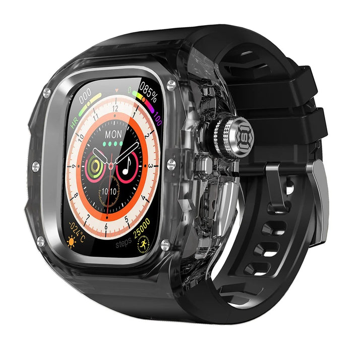 Silicone Strap for Apple Watch Ultra 3 2 1 49mm Sports Watch Band with One-touch Open PC Watch Case - Transparent Black+Steel+Black - 1