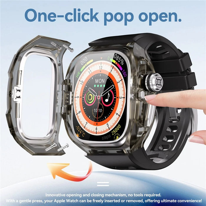 Silicone Strap for Apple Watch Ultra 3 2 1 49mm Sports Watch Band with One-touch Open PC Watch Case - Transparent Black+Steel+Black - 4