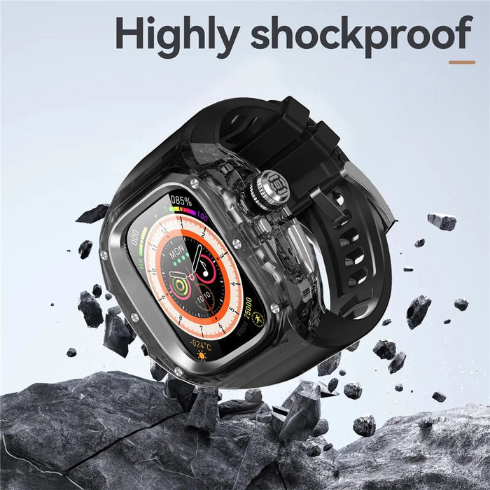 Silicone Strap for Apple Watch Ultra 3 2 1 49mm Sports Watch Band with One-touch Open PC Watch Case - Transparent Black+Steel+Black - 5