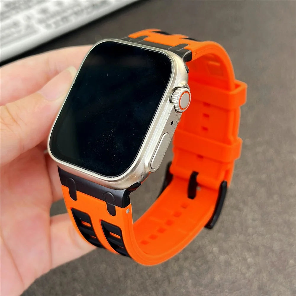 Silicone Strap for Apple Watch Series 11 10 42mm  /  9 8 7 41mm  /  SE3 SE2 SE 6 5 4 40mm  /  3 2 1 38mm Dual Color Sports Wristband - Orange+Black - 3