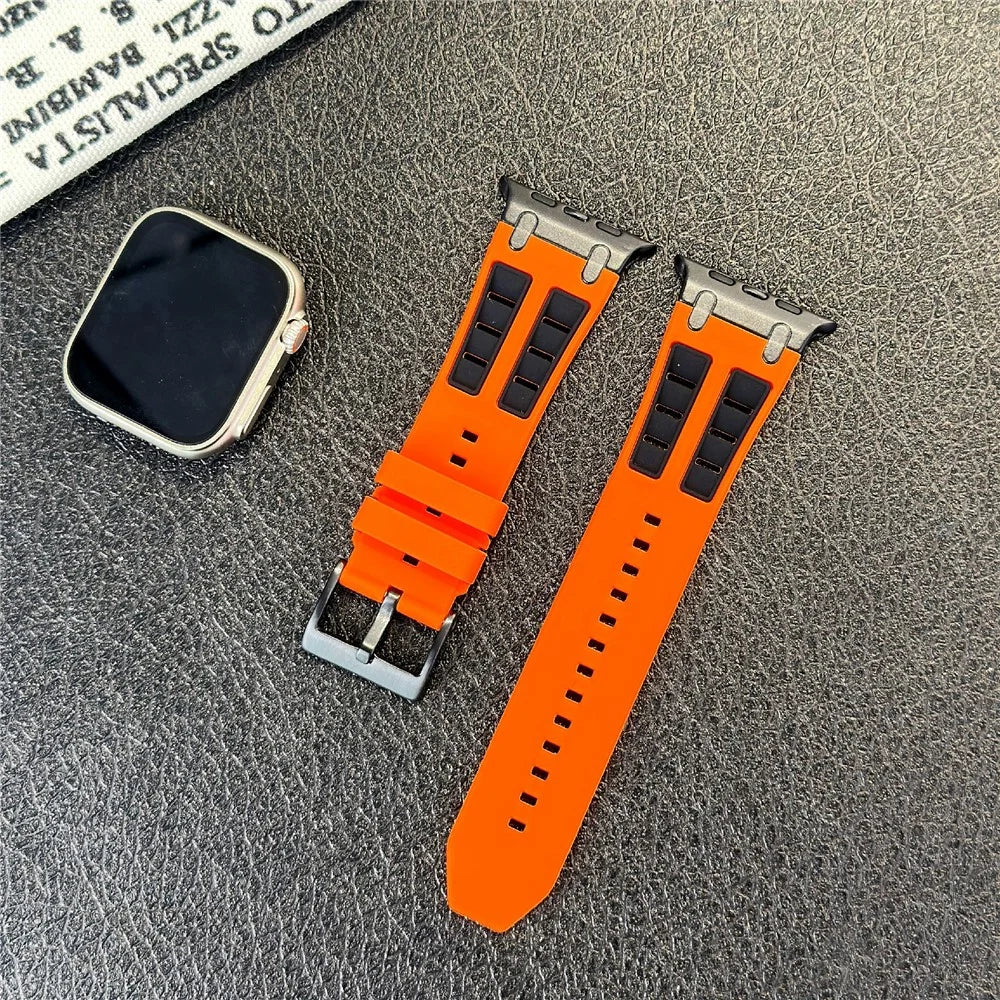 Silicone Strap for Apple Watch Ultra 3 2 1 49mm  /  Series 11 10 46mm  /  9 8 7 45mm  /  SE3 SE2 SE 6 5 4 44mm  /  3 2 1 42mm Dual Color Sports Wristband - Orange+Black - 5