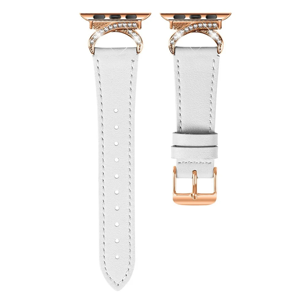 Genuine Cow Leather Strap with Rose Gold Buckle for Apple Watch Series 11 10 42mm / 9 8 7 41mm / SE3 SE2 SE 6 5 4 40mm / 3 2 1 38mm Rhinestone Connector Watch Band - White - 1
