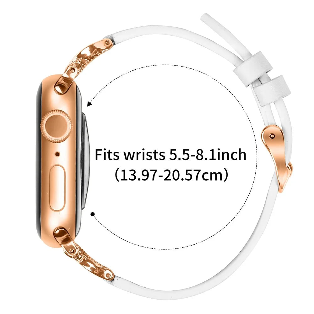 Genuine Cow Leather Strap with Rose Gold Buckle for Apple Watch Series 11 10 42mm / 9 8 7 41mm / SE3 SE2 SE 6 5 4 40mm / 3 2 1 38mm Rhinestone Connector Watch Band - White - 6