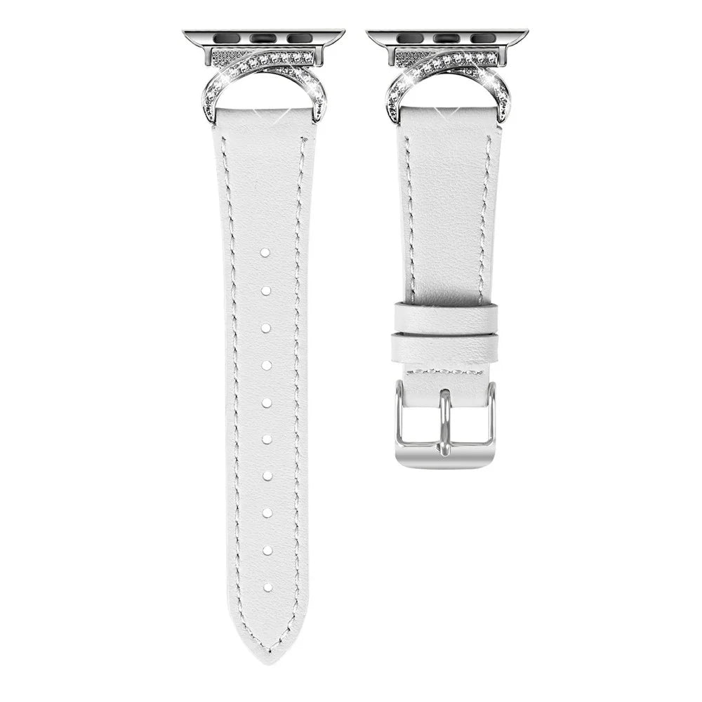Genuine Cow Leather Strap with Silver Buckle for Apple Watch Ultra 3 2 1 49mm / Series 11 10 46mm / 9 8 7 45mm / SE3 SE2 SE 6 5 4 44mm / 3 2 1 42mm Rhinestone Connector Band - White - 1