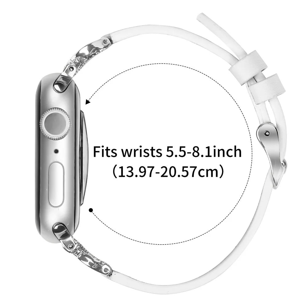 Genuine Cow Leather Strap with Silver Buckle for Apple Watch Ultra 3 2 1 49mm / Series 11 10 46mm / 9 8 7 45mm / SE3 SE2 SE 6 5 4 44mm / 3 2 1 42mm Rhinestone Connector Band - White - 6