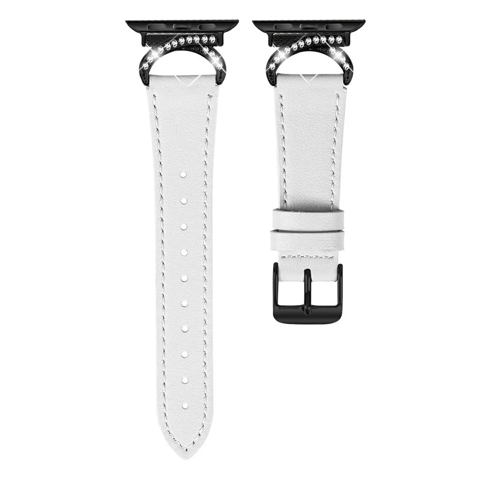 Genuine Cow Leather Strap with Black Buckle for Apple Watch Ultra 3 2 1 49mm / Series 11 10 46mm / 9 8 7 45mm / SE3 SE2 SE 6 5 4 44mm / 3 2 1 42mm Rhinestone Connector Watch Band - White - 1