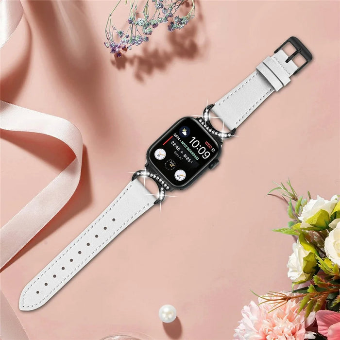 Genuine Cow Leather Strap with Black Buckle for Apple Watch Ultra 3 2 1 49mm / Series 11 10 46mm / 9 8 7 45mm / SE3 SE2 SE 6 5 4 44mm / 3 2 1 42mm Rhinestone Connector Watch Band - White - 5