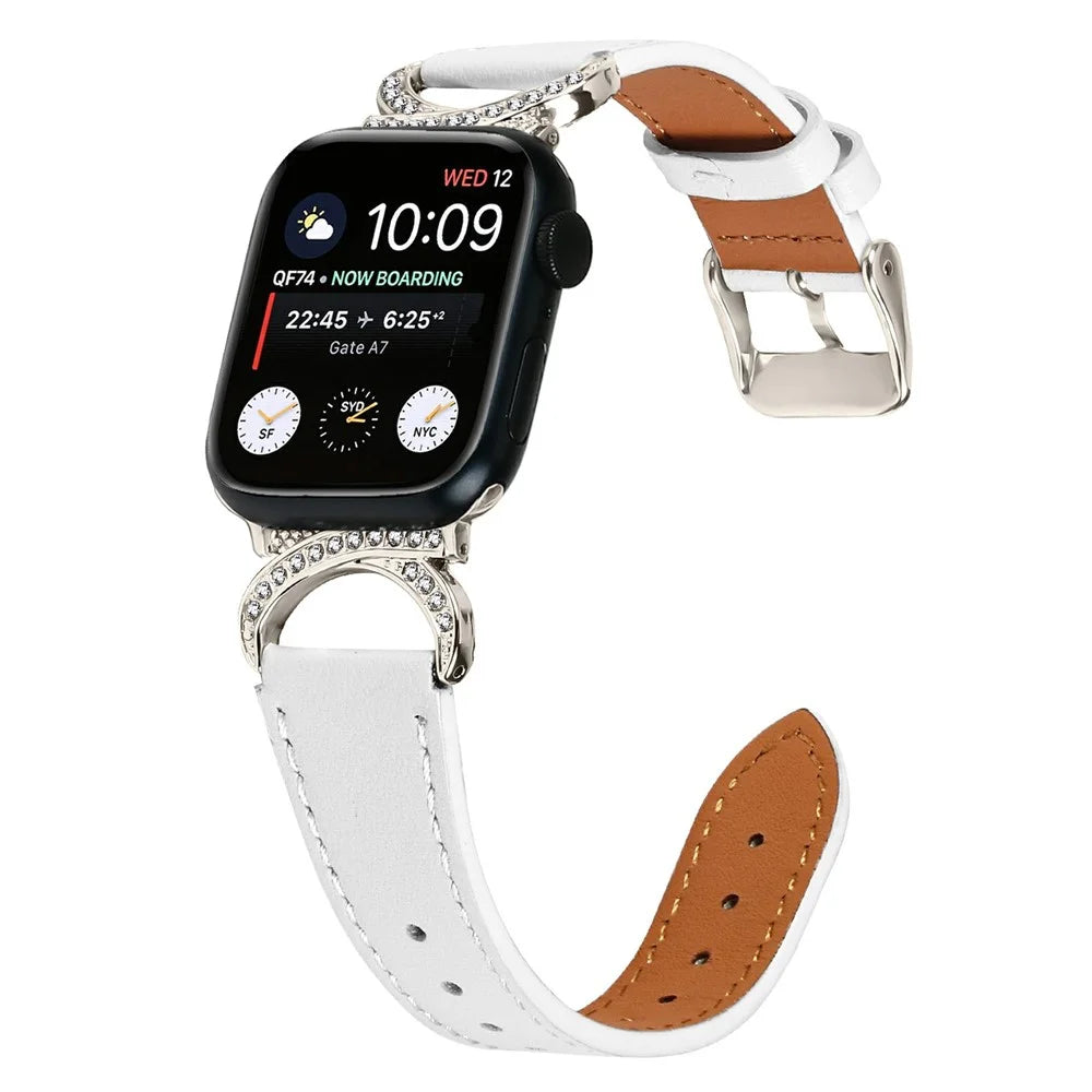 Genuine Cow Leather Strap with Starlight Buckle for Apple Watch Ultra 3 2 1 49mm / Series 11 10 46mm / 9 8 7 45mm / SE3 SE2 SE 6 5 4 44mm / 3 2 1 42mm Rhinestone Connector Watch Band - White - 2