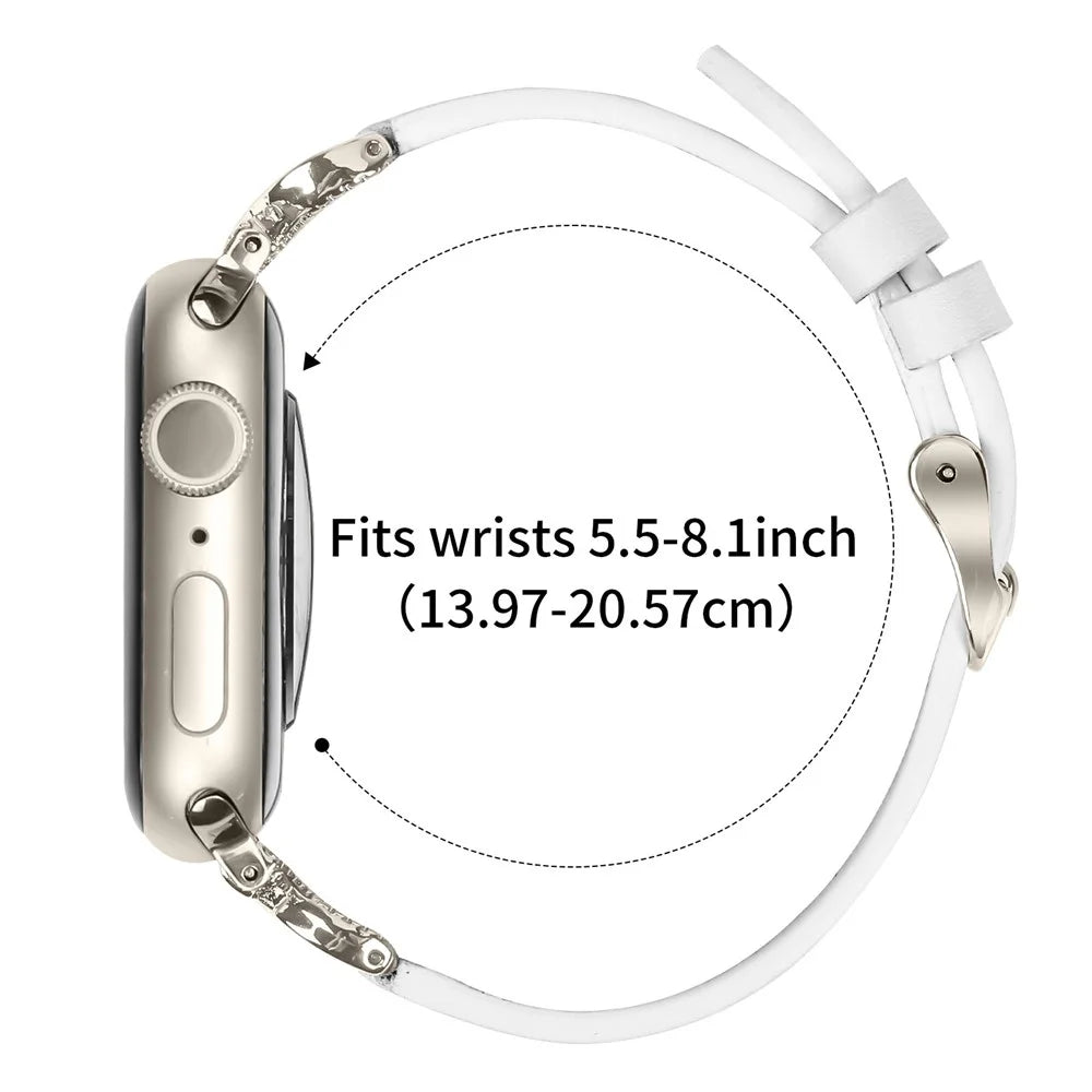 Genuine Cow Leather Strap with Starlight Buckle for Apple Watch Ultra 3 2 1 49mm / Series 11 10 46mm / 9 8 7 45mm / SE3 SE2 SE 6 5 4 44mm / 3 2 1 42mm Rhinestone Connector Watch Band - White - 6