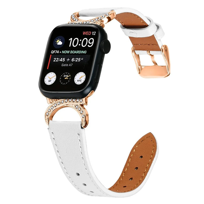 Genuine Cow Leather Strap with Rose Gold Buckle for Apple Watch Ultra 3 2 1 49mm / Series 11 10 46mm / 9 8 7 45mm / SE3 SE2 SE 6 5 4 44mm / 3 2 1 42mm Rhinestone Connector Watch Band - White - 2
