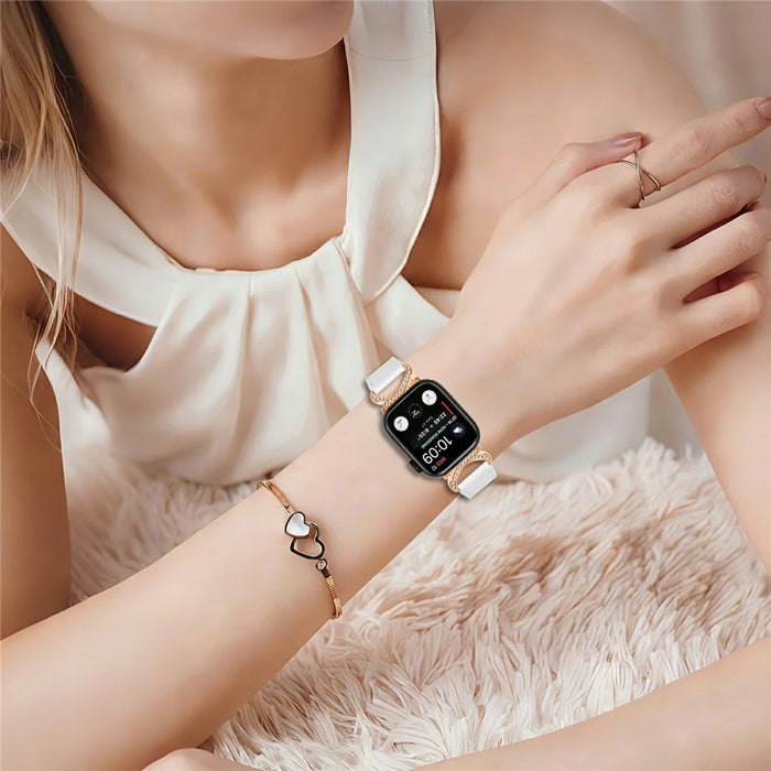 Genuine Cow Leather Strap with Rose Gold Buckle for Apple Watch Ultra 3 2 1 49mm / Series 11 10 46mm / 9 8 7 45mm / SE3 SE2 SE 6 5 4 44mm / 3 2 1 42mm Rhinestone Connector Watch Band - White - 4