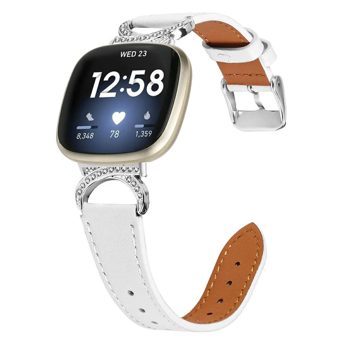 For Fitbit Versa 3 / Sense Strap with Silver Buckle Rhinestone Connector Genuine Cow Leather Watch Band - White - 2