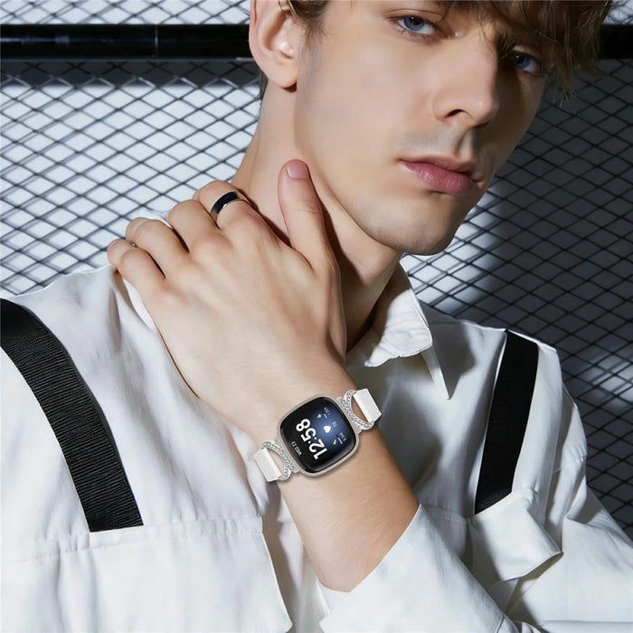 For Fitbit Versa 3 / Sense Strap with Silver Buckle Rhinestone Connector Genuine Cow Leather Watch Band - White - 3