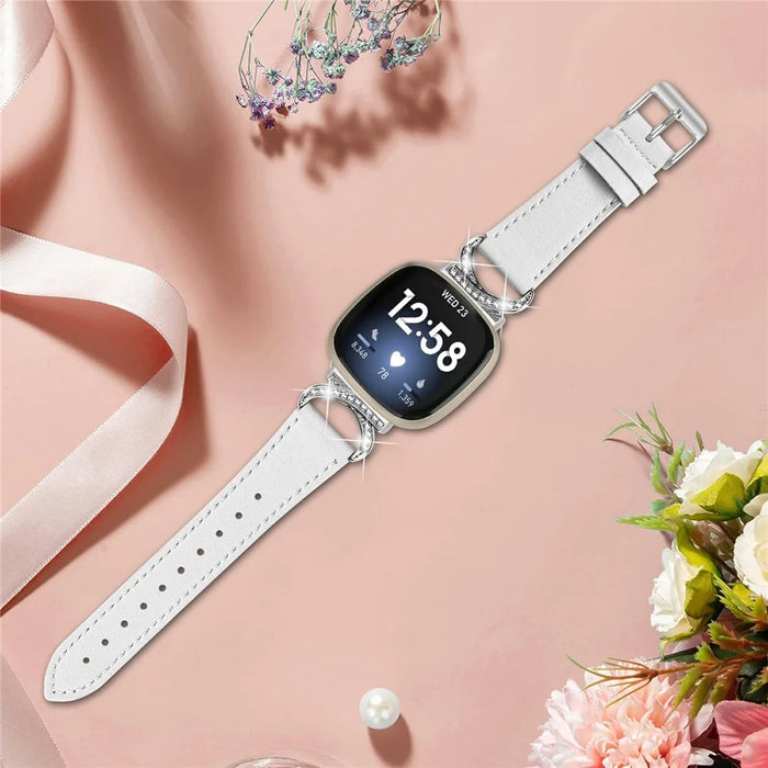 For Fitbit Versa 3 / Sense Strap with Silver Buckle Rhinestone Connector Genuine Cow Leather Watch Band - White - 5