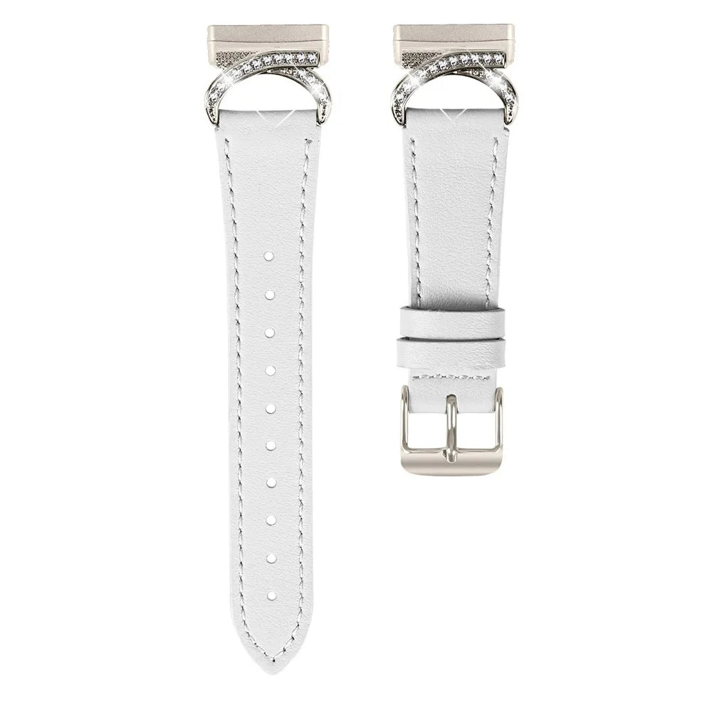 For Fitbit Versa 3 / Sense Strap with Starlight Buckle Rhinestone Connector Genuine Cow Leather Watch Band - White - 1