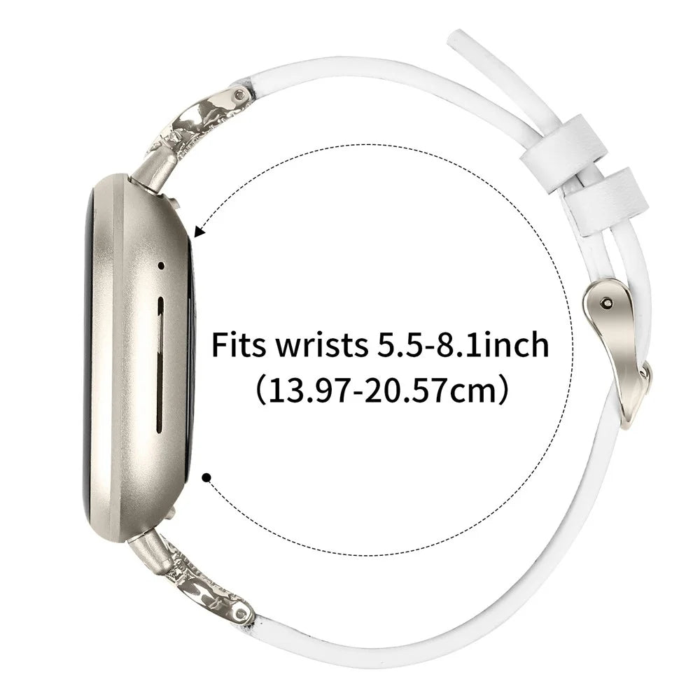 For Fitbit Versa 3 / Sense Strap with Starlight Buckle Rhinestone Connector Genuine Cow Leather Watch Band - White - 6