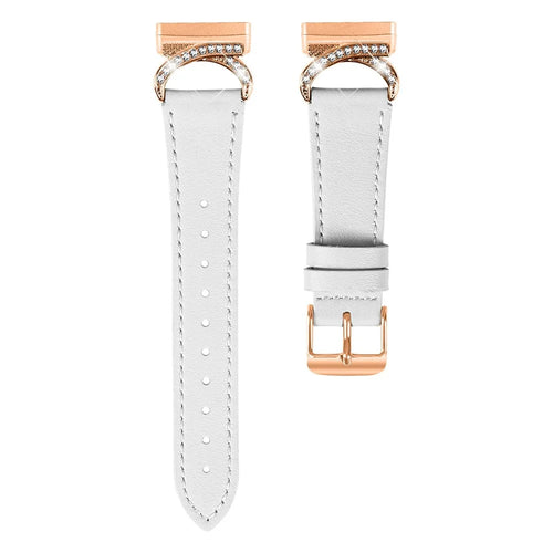 For Fitbit Versa 3 / Sense Strap with Rose Gold Buckle Rhinestone Connector Genuine Cow Leather Watch Band - White - 1