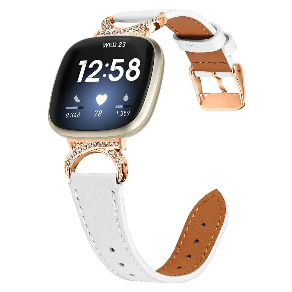 For Fitbit Versa 3 / Sense Strap with Rose Gold Buckle Rhinestone Connector Genuine Cow Leather Watch Band - White - 2