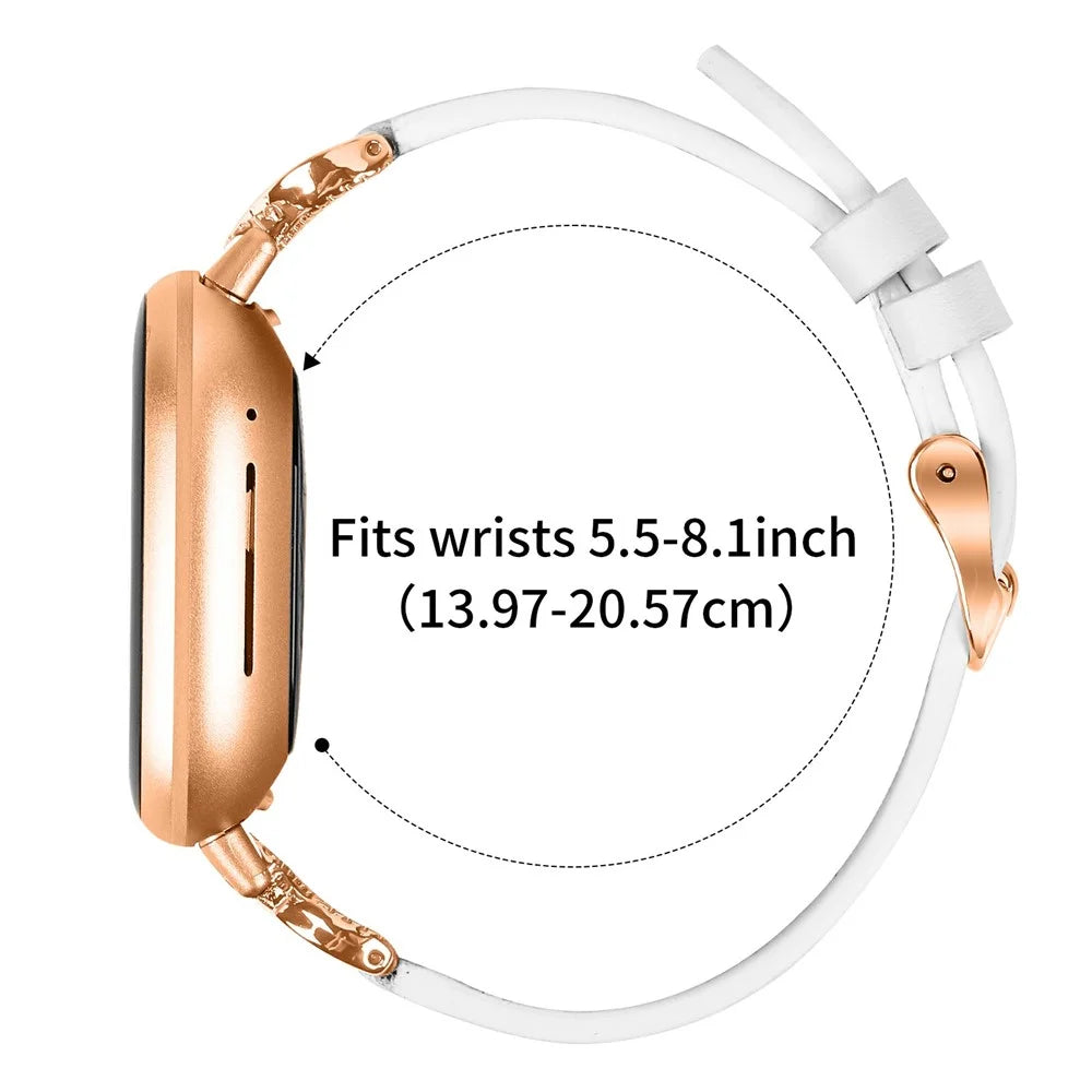 For Fitbit Versa 3 / Sense Strap with Rose Gold Buckle Rhinestone Connector Genuine Cow Leather Watch Band - White - 6