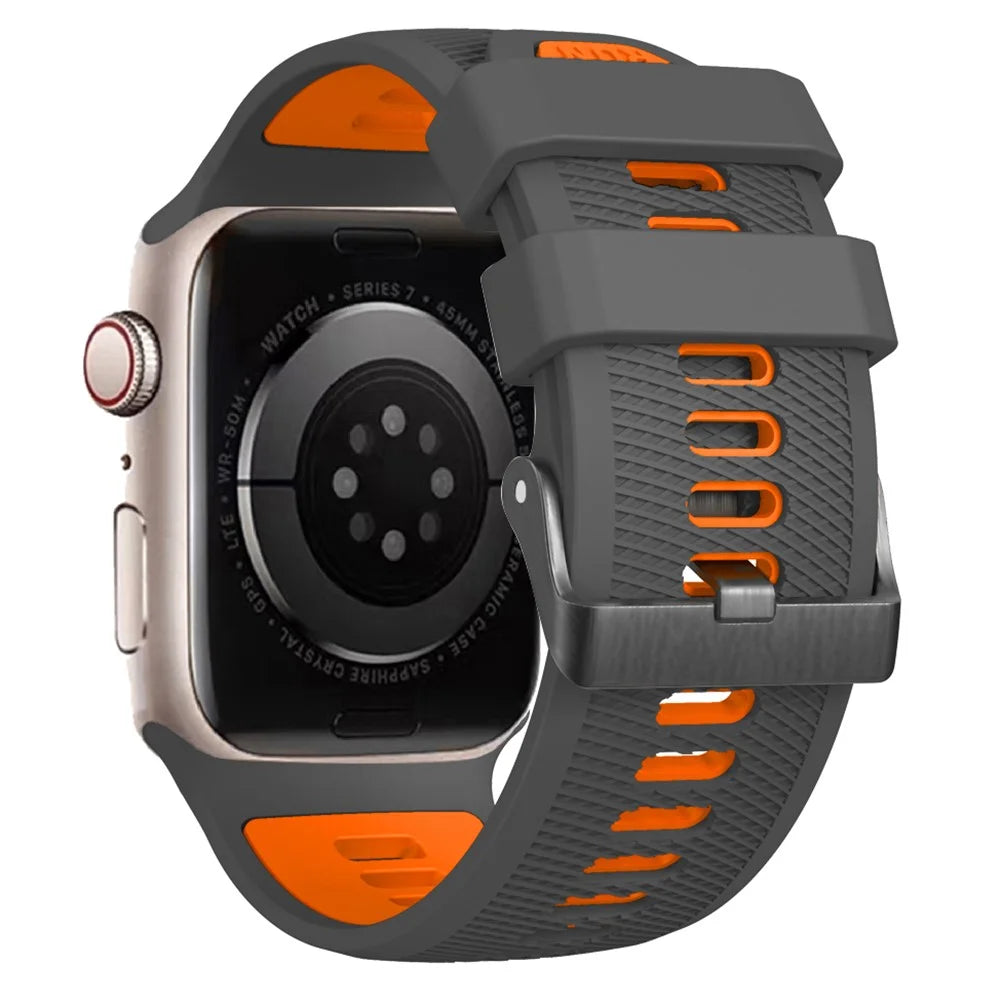 Double Color Silicone Strap for Apple Watch Ultra 3 2 1 49mm  /  Series 11 10 46mm  /  9 8 7 45mm  /  SE3 SE2 SE 6 5 4 44mm  /  3 2 1 42mm Diagonal Textured Wristband - Carbon Grey+Orange - 1