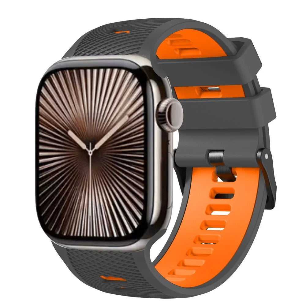 Double Color Silicone Strap for Apple Watch Ultra 3 2 1 49mm  /  Series 11 10 46mm  /  9 8 7 45mm  /  SE3 SE2 SE 6 5 4 44mm  /  3 2 1 42mm Diagonal Textured Wristband - Carbon Grey+Orange - 2