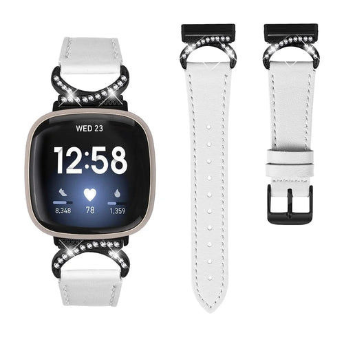 For Fitbit Versa 3 / Sense Strap with Black Buckle Rhinestone Connector Genuine Cow Leather Watch Band - White - 1