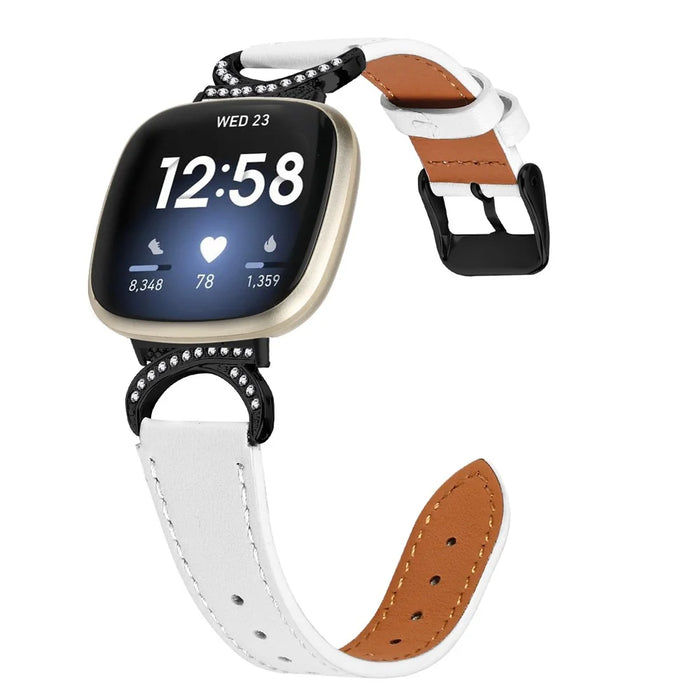 For Fitbit Versa 3 / Sense Strap with Black Buckle Rhinestone Connector Genuine Cow Leather Watch Band - White - 2