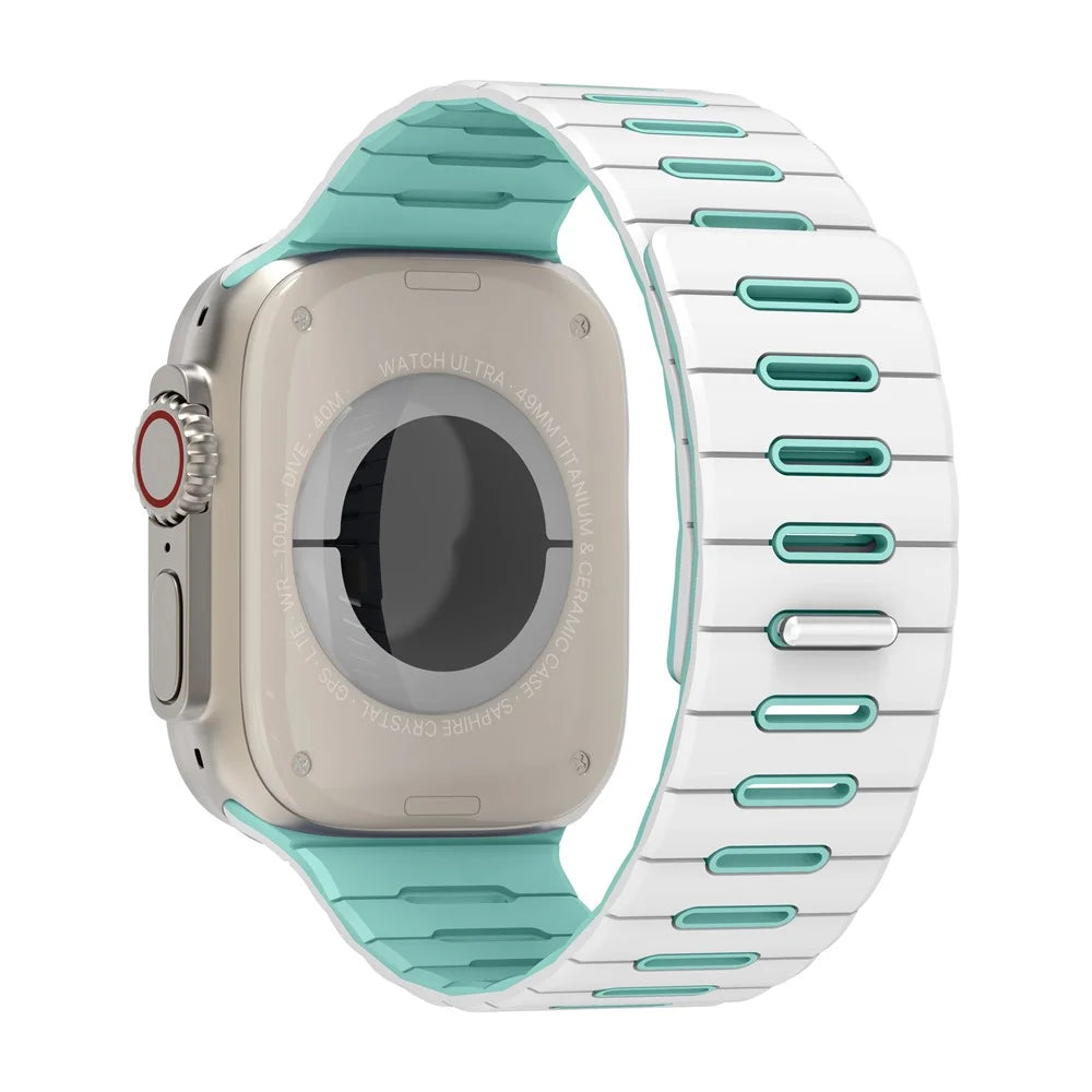 Magnetic Silicone Band for Apple Watch Ultra 3 2 1 49mm  /  Series 11 10 46mm  /  9 8 7 45mm  /  SE3 SE2 SE 6 5 4 44mm  /  3 2 1 42mm Dual Color Stripe Pattern Sports Strap - White / Teal - 1