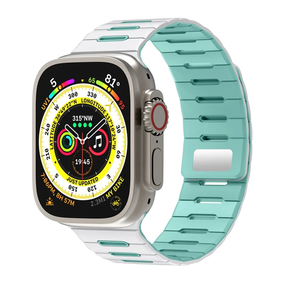 Magnetic Silicone Band for Apple Watch Ultra 3 2 1 49mm  /  Series 11 10 46mm  /  9 8 7 45mm  /  SE3 SE2 SE 6 5 4 44mm  /  3 2 1 42mm Dual Color Stripe Pattern Sports Strap - White / Teal - 2