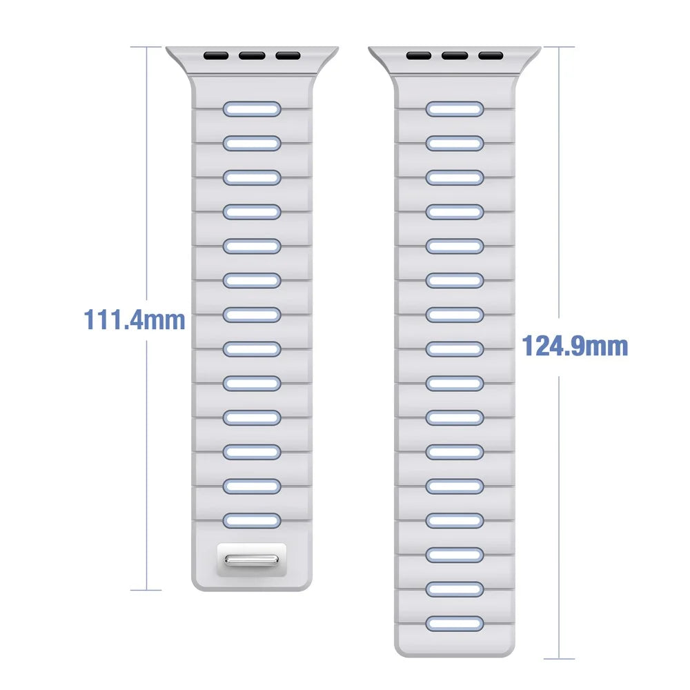 Magnetic Silicone Band for Apple Watch Ultra 3 2 1 49mm  /  Series 11 10 46mm  /  9 8 7 45mm  /  SE3 SE2 SE 6 5 4 44mm  /  3 2 1 42mm Dual Color Stripe Pattern Sports Strap - White / Teal - 3