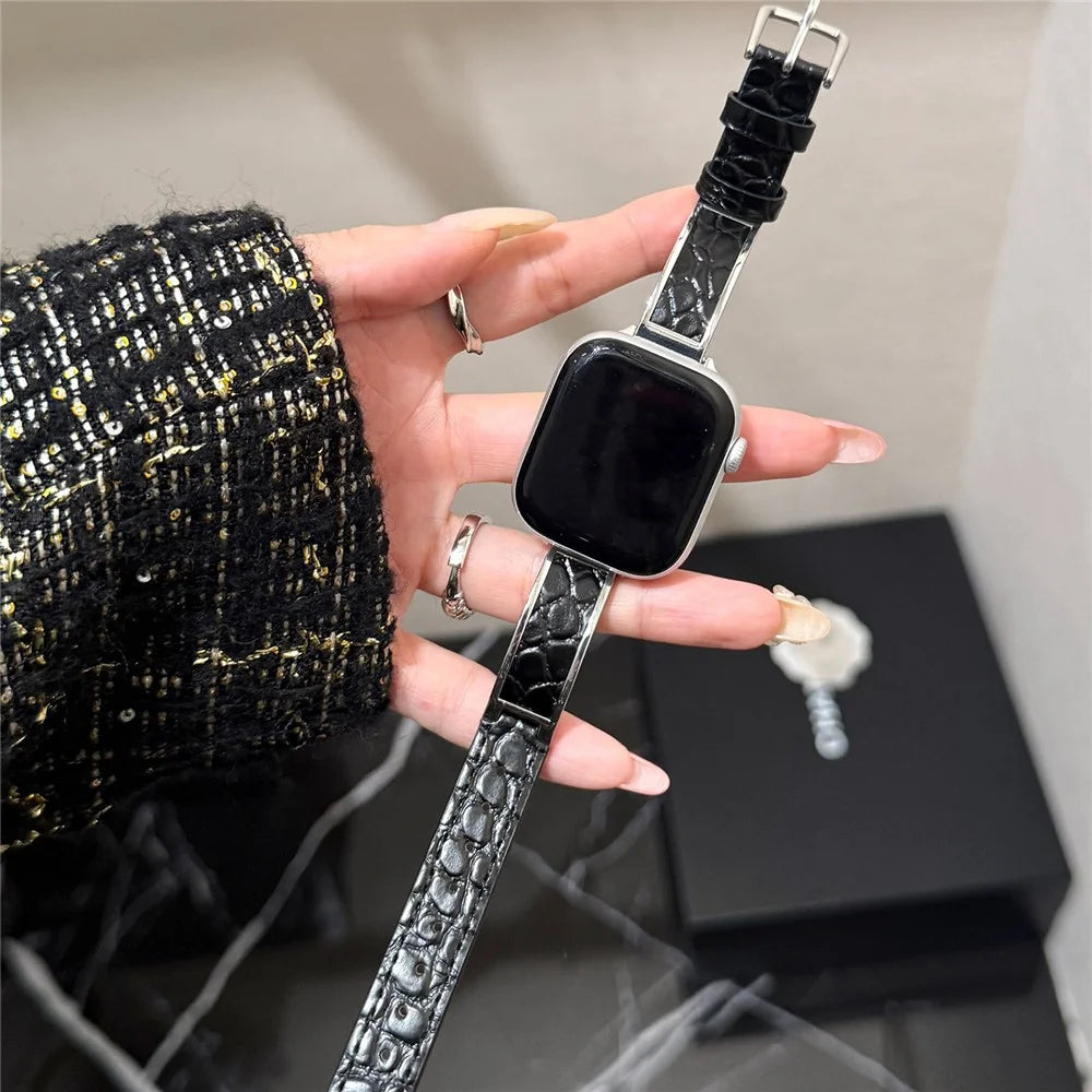 Crocodile Texture Strap for Apple Watch Series 11 10 42mm  /  9 8 7 41mm  /  SE3 SE2 SE 6 5 4 40mm  /  3 2 1 38mm Genuine Cow Leather Replacement Band - Black+Silver - 3