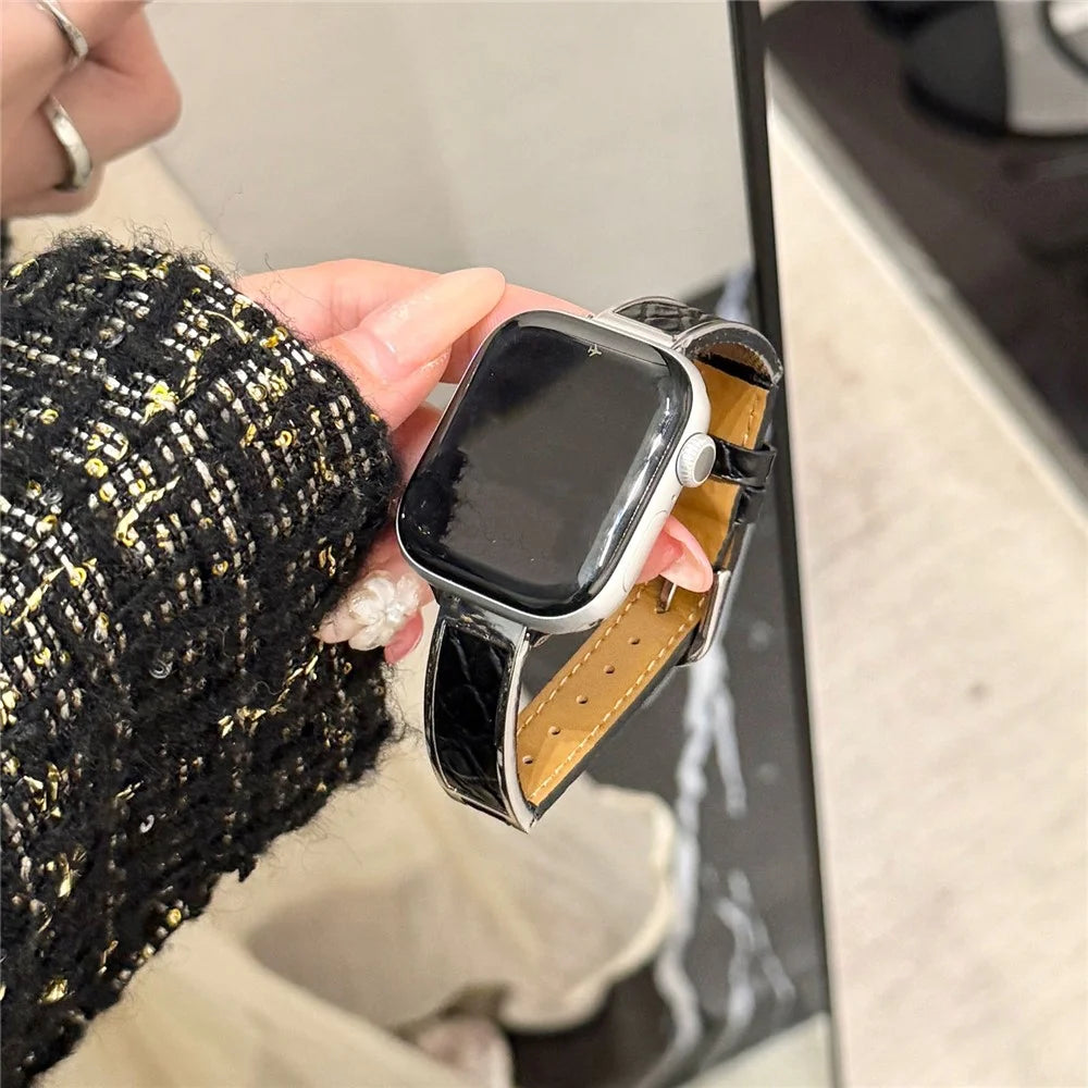 Crocodile Texture Strap for Apple Watch Series 11 10 42mm  /  9 8 7 41mm  /  SE3 SE2 SE 6 5 4 40mm  /  3 2 1 38mm Genuine Cow Leather Replacement Band - Black+Silver - 5