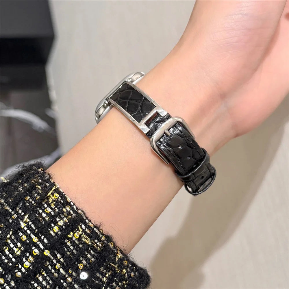 Crocodile Texture Strap for Apple Watch Series 11 10 42mm  /  9 8 7 41mm  /  SE3 SE2 SE 6 5 4 40mm  /  3 2 1 38mm Genuine Cow Leather Replacement Band - Black+Silver - 7