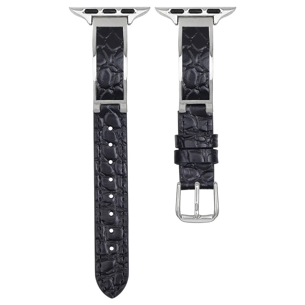 Crocodile Texture Strap for Apple Watch Ultra 3 2 1 49mm  /  Series 11 10 46mm  /  9 8 7 45mm  /  SE3 SE2 SE 6 5 4 44mm  /  3 2 1 42mm Genuine Cow Leather Replacement Band - Black+Silver - 1