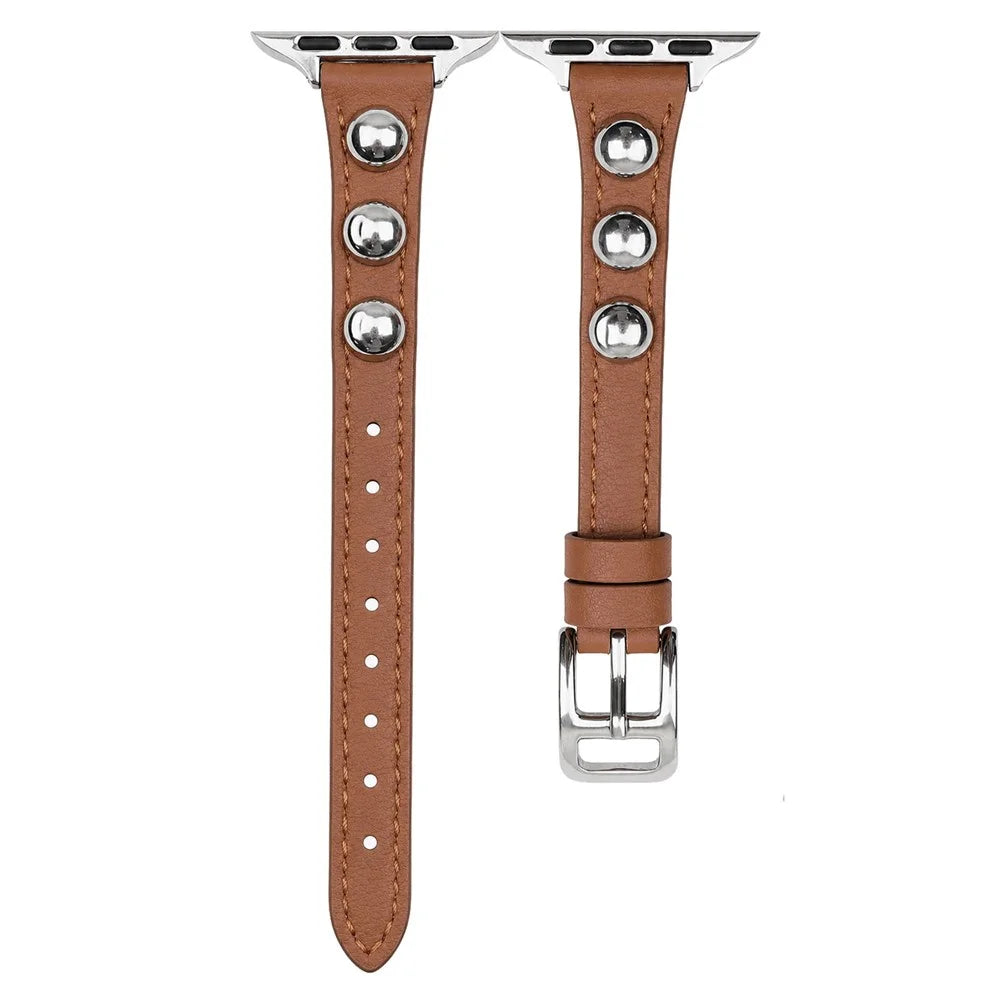 PU Leather Strap for Apple Watch Series 11 10 42mm  /  9 8 7 41mm  /  SE3 SE2 SE 6 5 4 40mm  /  3 2 1 38mm Rivet Studded Slim Watch Band - Dark Brown - 1